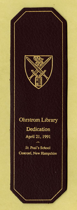 Leather bookmark created for the dedication of Ohrstrom Library