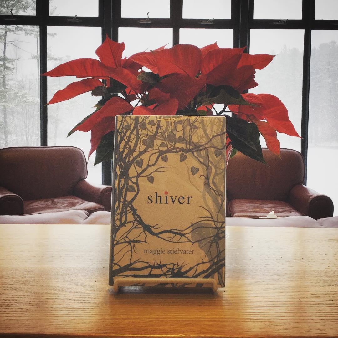 And appropriate title for a book display today as the first snow of the season gently falls on Lower School Pond outside of Baker Reading Room. #ohrstromlibrary #snowfall #shiver #maggiestiefvater #pointsettia #millville #iamsps #bakerreadingroom @maggie_stiefvater