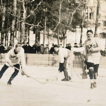 Hockey players on Lower School Pond, 1916
