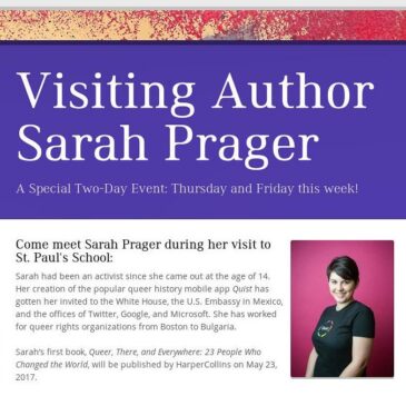 Author Sarah Prager Visiting Thursday and Friday this Week